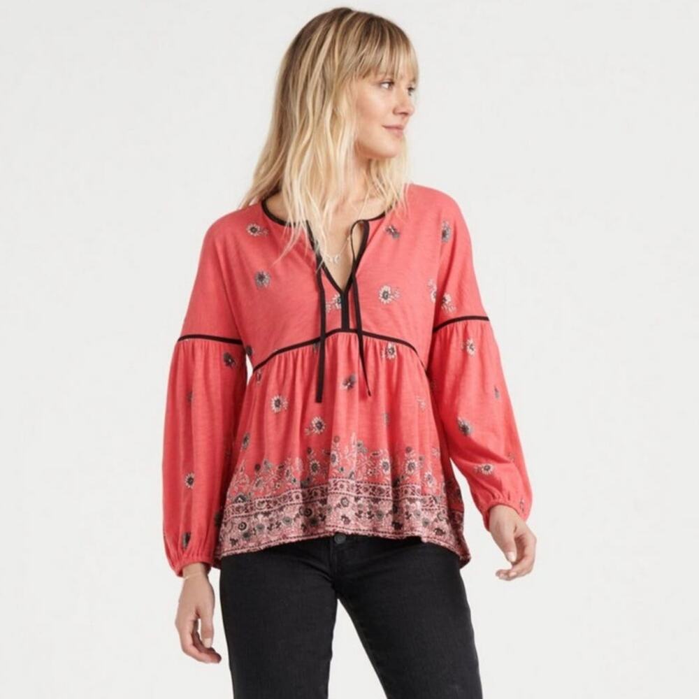 Lucky Brand Border Print Peasant Boho Top Blouse Size Medium